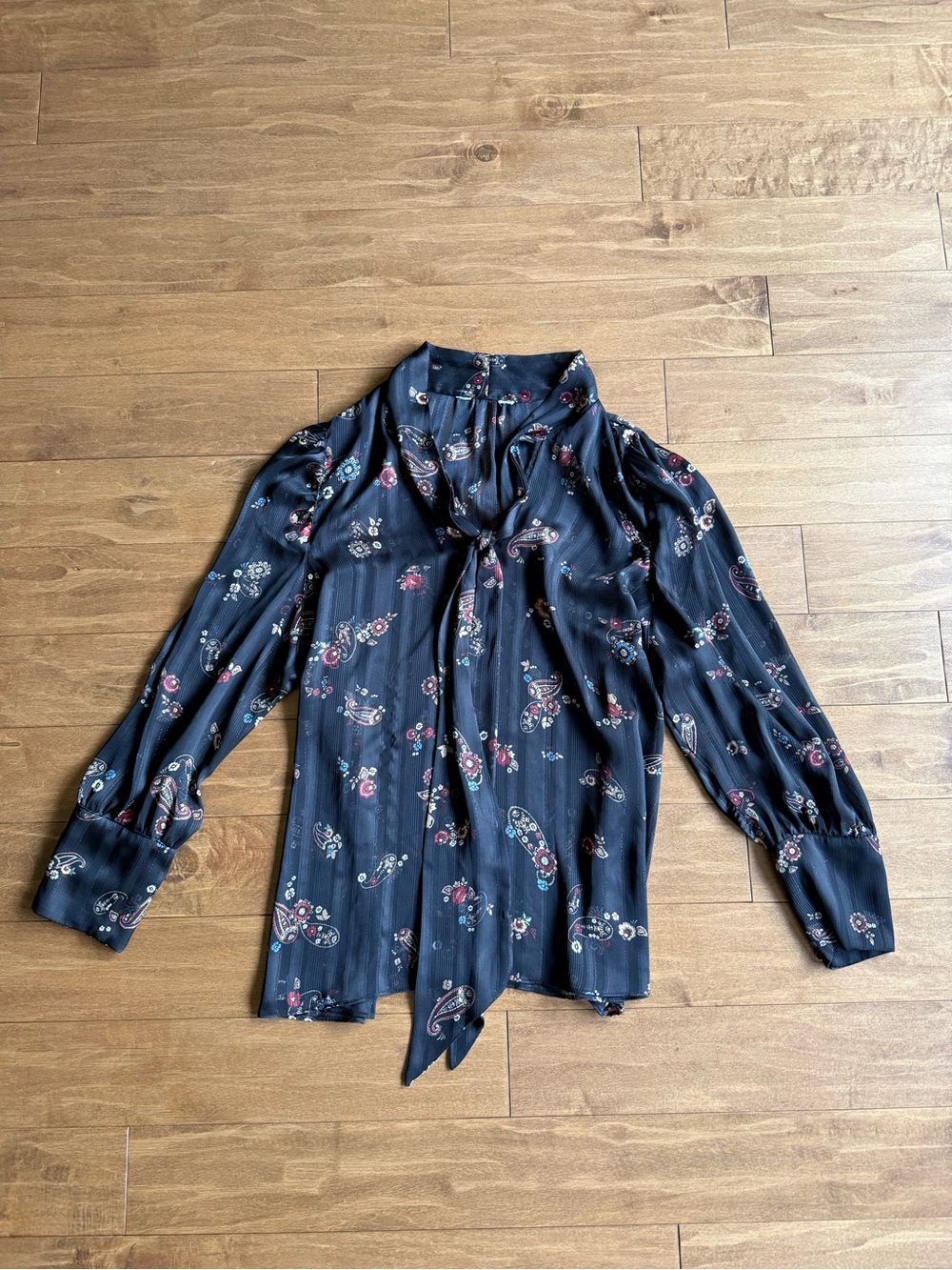 Black Semi Sheer Floral Tie-Neck Blouse